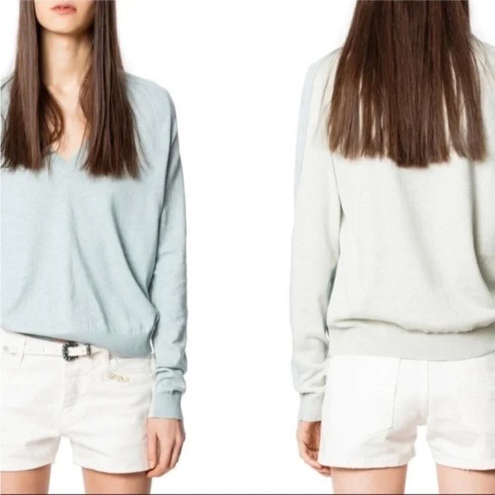 Zadig & Voltaire River Cotton Cashmere V Neck Sweater Color Block Blue XS